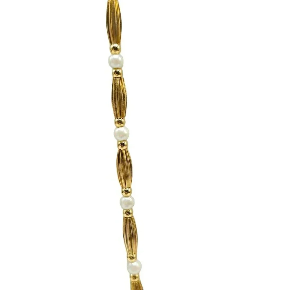 Anne Klein Faux Pearl Beaded Rice Beads Chain Necklace Gold Tone Vintage